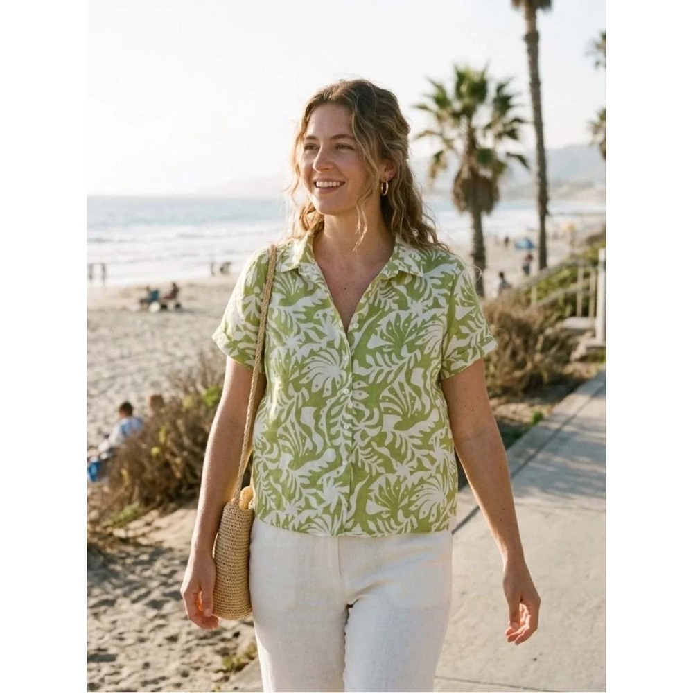 Rachel Zoe Womens Green White Botanical Leaf Print 100% Linen Button Down Top M